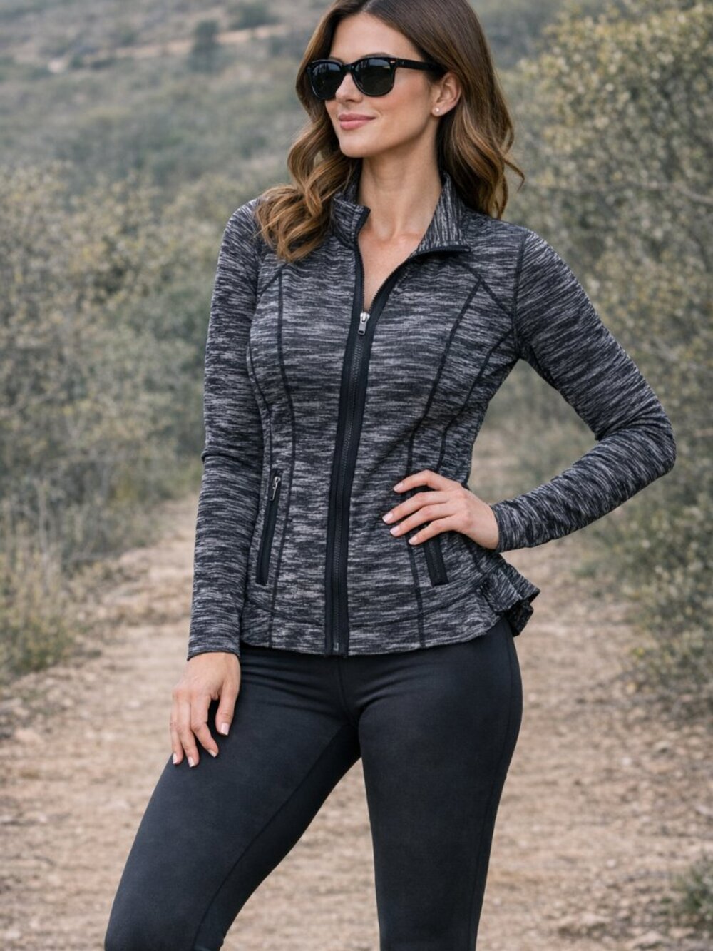 427 - MPG Black Gray Space Dye Zip Up Marled Black & Gray Full-Zip Active Jacket